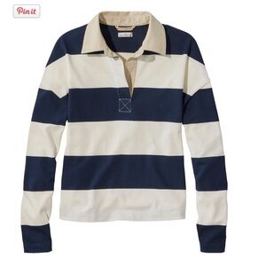 LL Bean women’s cropped Striped Navy and Cream Rugby Shirt, sz M